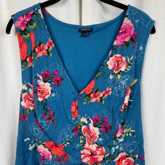 Torrid Blue Floral Rayon Slub Button Up With Waist Detail Tank Blouse Sz.3 - Picture 7 of 16